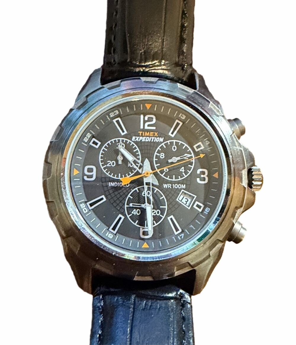 Timex Expedition Chronograph Watch Indiglo Alarm 100M WR Black Leather